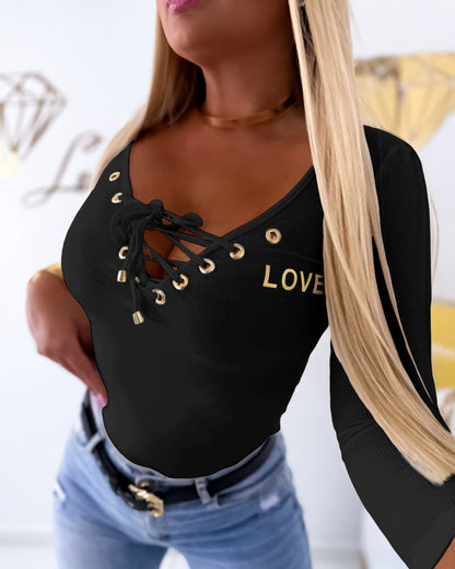Lace-Up V-Neck Long Sleeve Ribbed Knit Shirt Casual Slim Fit Top