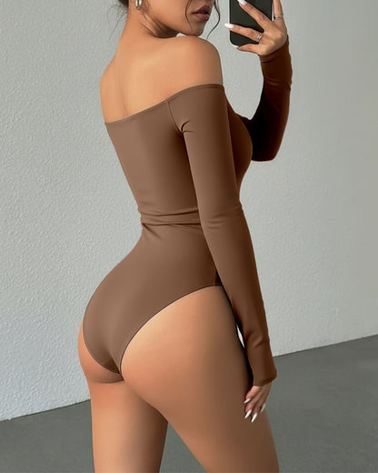 Off Shoulder Long Sleeve Slim Fit Versatile Bodysuit with Thumb Hole Cuffs