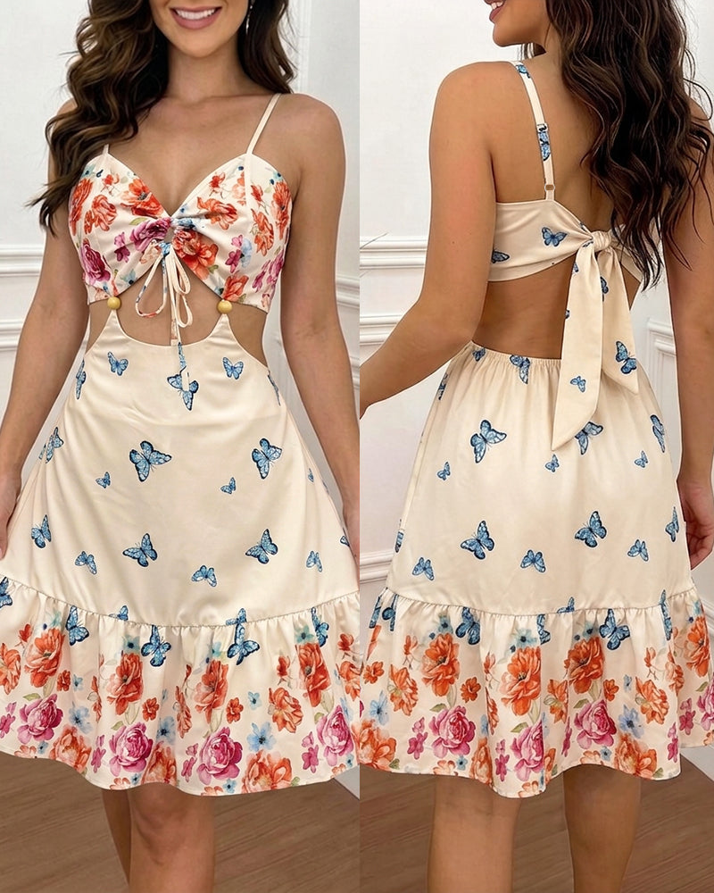 Women's Butterfly Floral Print Mini Dress Sexy Sweetheart Neck Cut Out Sundress Backless Ruched A-Line Vacation Dress