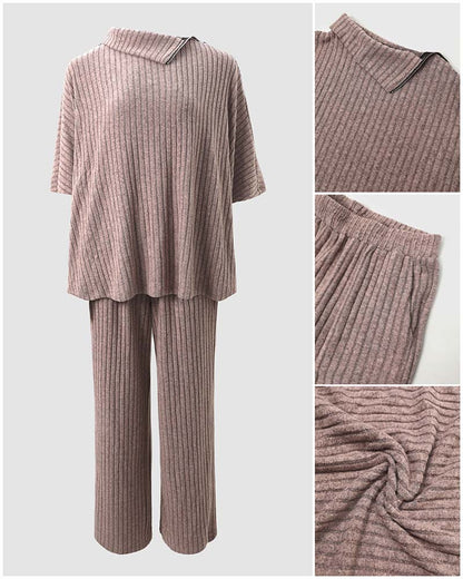 Women's 2 Piece Ribbed Knit Set Asymmetrical Zipper Turtleneck Batwing Sleeve Top and Pants Casual Loungewear