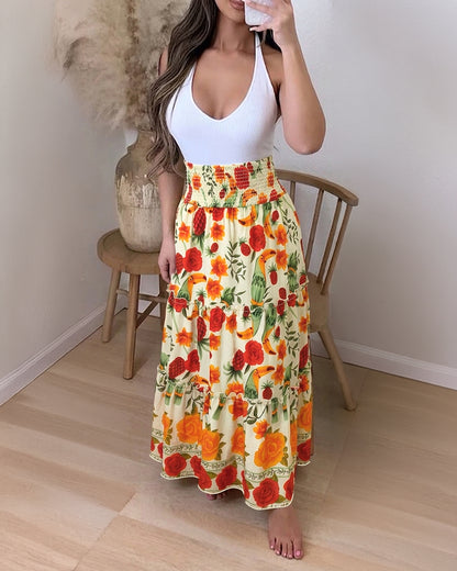Women's Tropical Parrot Floral Maxi Skirt Shirred High Waist Ruffle Boho Skirt Flowy A-Line Skirt with Pocket