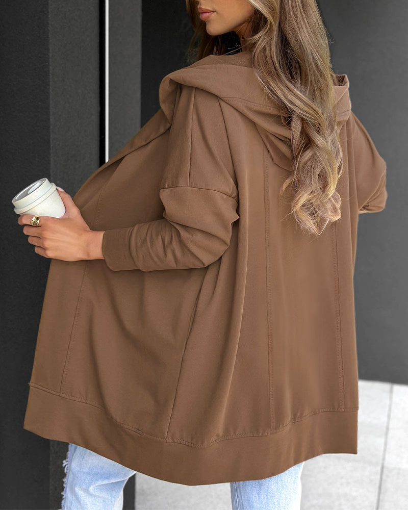 Women's Hooded Open Front Casual Loose Mid-Length Coat with Pockets
