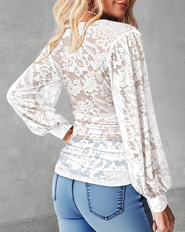 Contrast Lace Deep V-Neck Lantern Sleeve Lace Overlay Ruched Blouse Long Sleeve Slim Fit Top