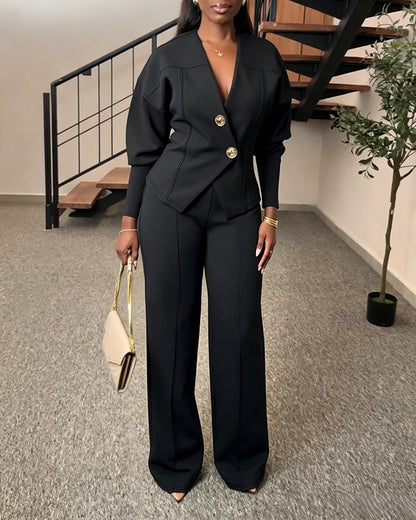 Women's 2 Piece Set V-Neck Cinched Waist Gigot Sleeve Top and High Waist Wide Leg Pants Elegant Set