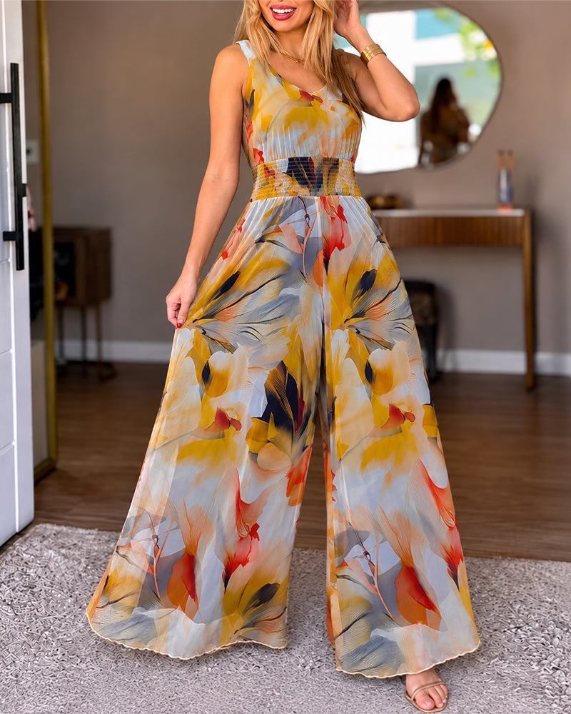 Women's V-Neck Floral Print Mesh Wide Leg Jumpsuit Stretchy Straps Shirred Waist Overalls