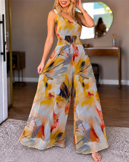 Women's V-Neck Floral Print Mesh Wide Leg Jumpsuit Stretchy Straps Shirred Waist Overalls