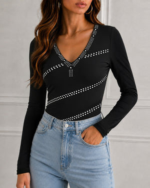 Blusa brillante de punto acanalado para mujer, con cuello en V pronunciado, pedrería, corte ajustado y mangas largas