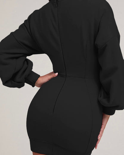 Lantern Sleeve Bodycon Pullover Sweatshirt Dress Crew Neck Mini Dress