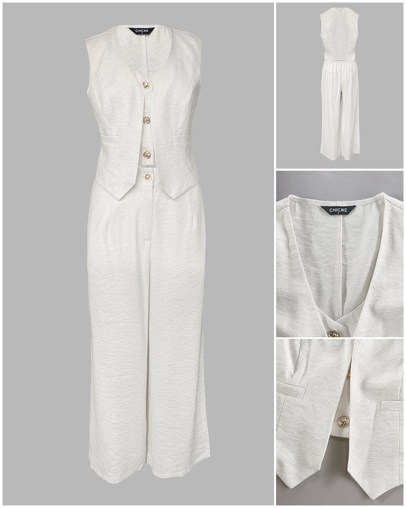 2 Pieces Outfits V Neck Sleeveless Button Front Vest Crop Top And Casual Zipper Fly Elastic Back Waist Wide Leg Pants Set