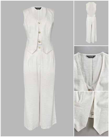 2 Pieces Outfits V Neck Sleeveless Button Front Vest Crop Top And Casual Zipper Fly Elastic Back Waist Wide Leg Pants Set