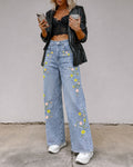 Women's High Waisted Floral Embroidered Wide Leg Jeans Washed Denim Pants