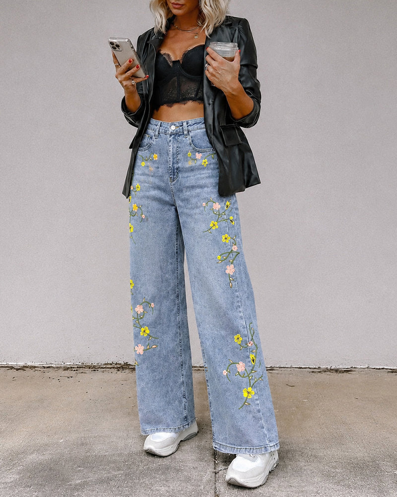 Women's High Waisted Floral Embroidered Wide Leg Jeans Washed Denim Pants