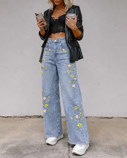 Women's High Waisted Floral Embroidered Wide Leg Jeans Washed Denim Pants