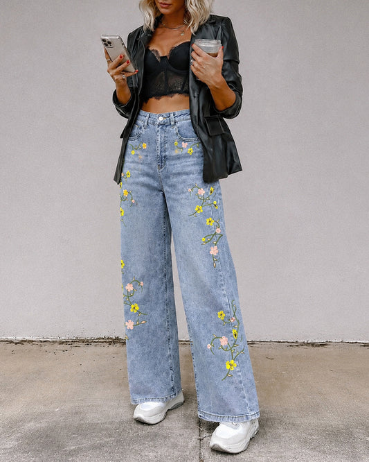 Women's High Waisted Floral Embroidered Wide Leg Jeans Washed Denim Pants