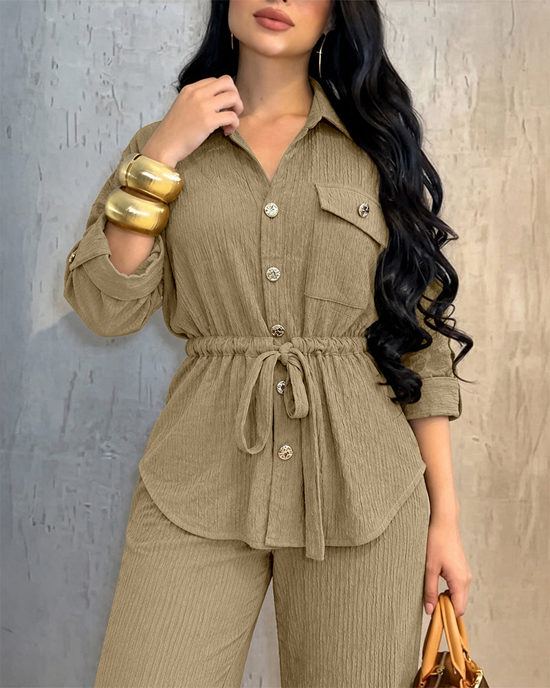 2 Pieces Outfit Vintage Turn-down Collar Roll Up Sleeve Button Front Flap Pocket Design Waist Drawstring Top and Elastic Waist Wide Leg Pants Set Casual Textured Commuting Set