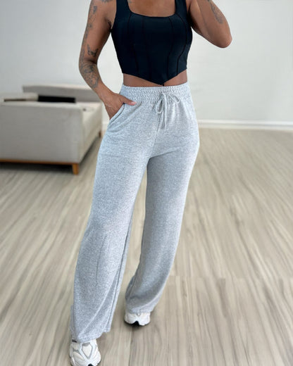 High Waist Drawstring Elastic Waist Wide Leg Casual Pants