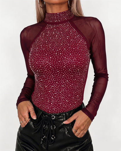 Women's Rhinestone Mesh Long Sleeve Top Mock Neck Sparkle Slim Fit Tee