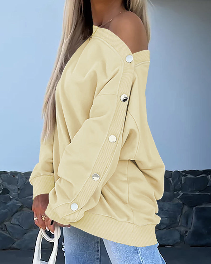 Skew Neck Buttoned Sweatshirt Casual Long Sleeve Pullover Tops Outfits