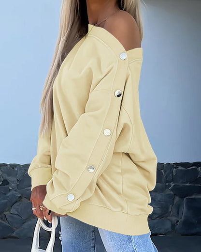 Skew Neck Buttoned Sweatshirt Casual Long Sleeve Pullover Tops Outfits