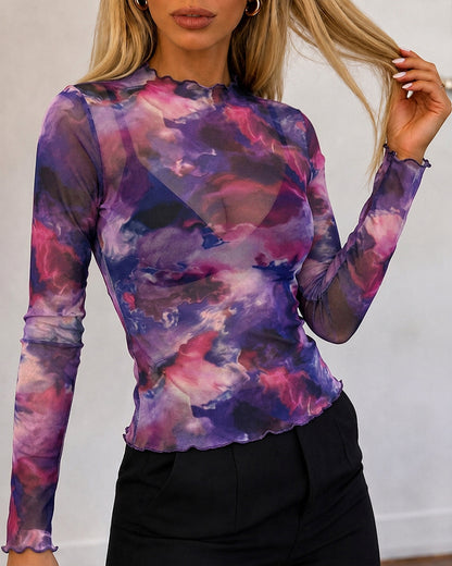 Women's Vintage Tie Dye Print Sheer Mesh Top Frill Trim Mock Neck Long Sleeve Tee