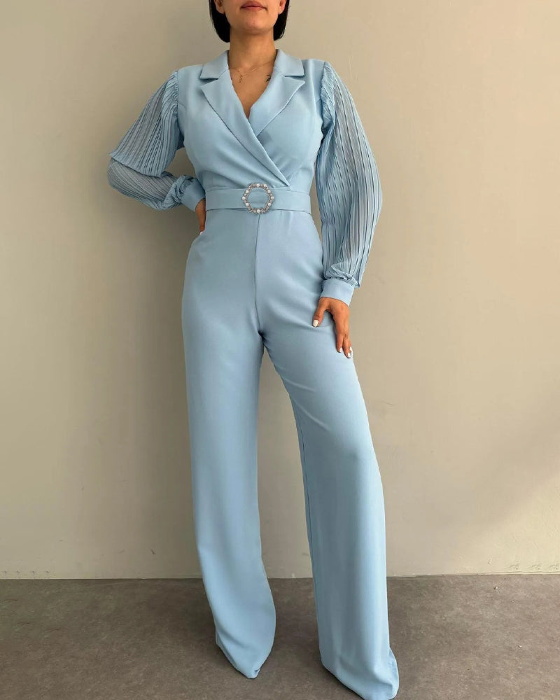 Rhinestone & Pearls Decor Lapel Collar Pleated Long Sleeve Wide Leg Overalls Casual High Waist Zipper Back Jumpsuit