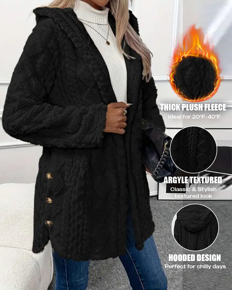 Argyle Textured Button Down Side Slit Long Sleeve Fleece Teddy Coat Hooded Jacket Warm Outwear