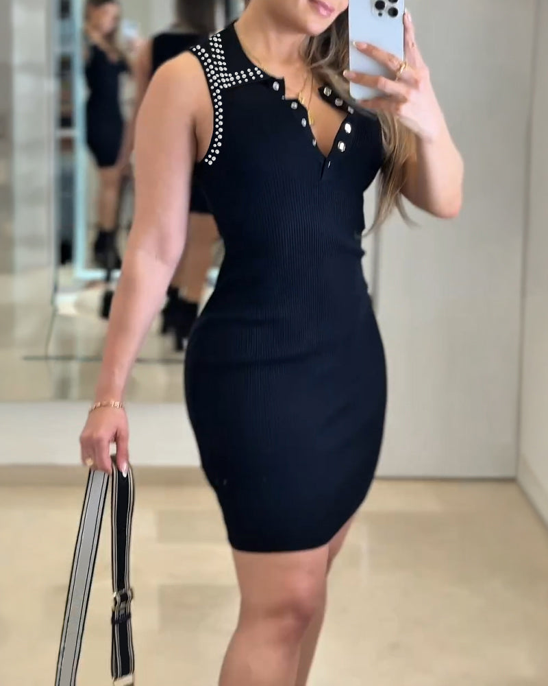 Studded Polo Collar Sleeveless Half Snap Button Front Bodycon Dress Elegant Knit Mini Dress