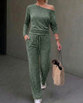 Ensemble 2 pièces femme : top froncé à encolure bateau modulable et manches longues et pantalon large à cordon de serrage