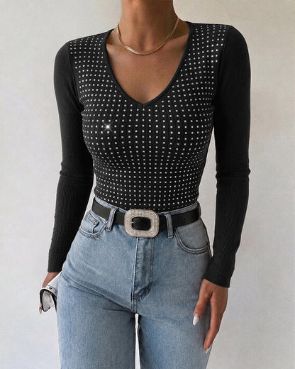 Top de manga larga con escote en V y brillantes para mujer, de punto acanalado, corte ajustado, ideal como prenda informal y para llevar en capas