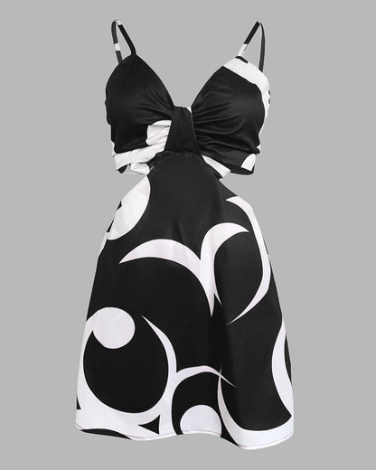 Floral Print Deep V-Neck Adjustable Spaghetti Straps Romper Casual Tied Back Cutout Slim Fit Skort Romper