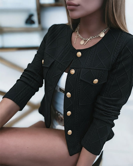 Women's French Style Cropped Jacket Round Neck Gold Button Coat Argyle Cable Jacquard Knit Outerwear
