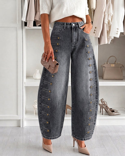 Women's Barrel Jeans High Waisted Side Button Denim Pants Distressed Washed Baggy Trousers Retro Y2K Streetwear