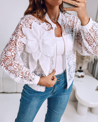 3D Flower Decor Stand Collar Zipper Front Sheer Lace Crop Jacket Casual Stretchy Cuffs Lightweight Breathable Loose Fit Coat