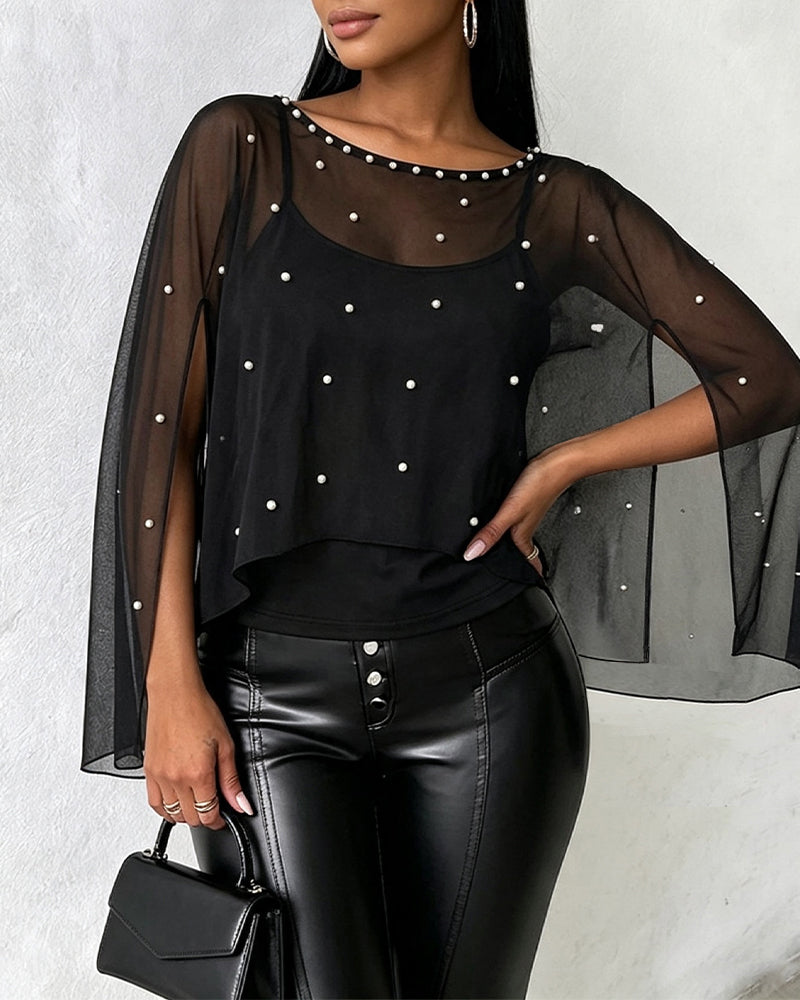 Women's 2 Piece Set Split Sleeve Pearl Sheer Chiffon Cape Top with Cami Top