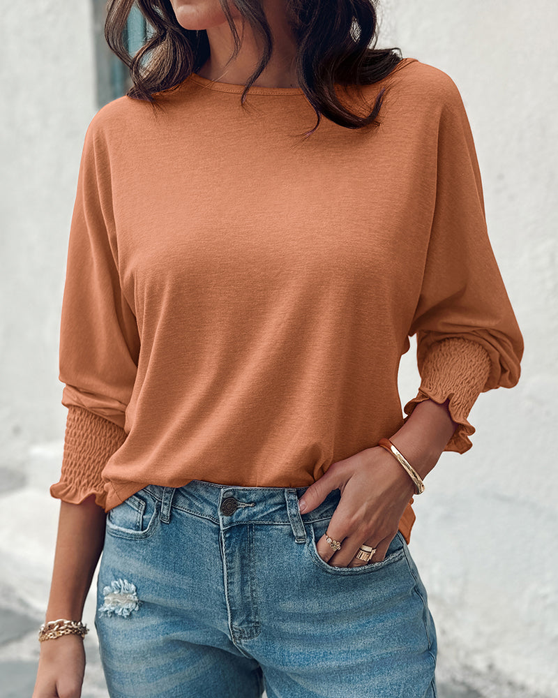 Round Neck Three Quarters Shirred Lantern Sleeve Softy T-Shirt Casual Tee