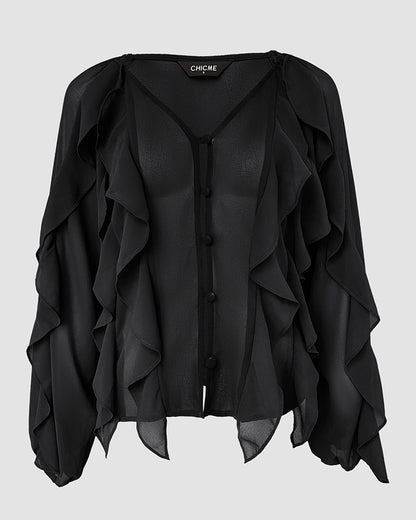 V Neck Shoulder Ruffles Design Blouse Casual Button Front Long Sleeve Top