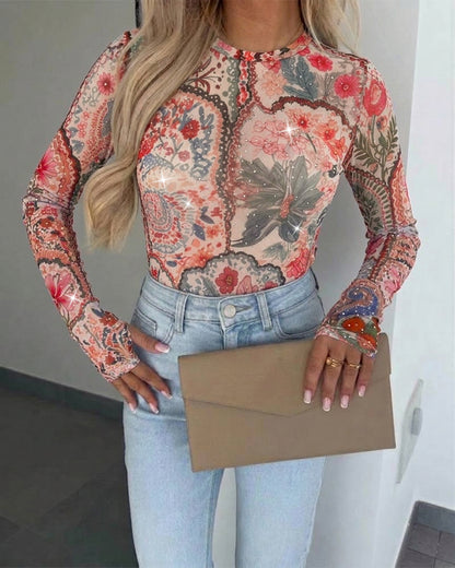 Women's Vintage Floral Rhinestone Mesh Top Slim Fit Long Sleeve Tee with Thumb Holes