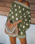 2 Pieces Outfit Boho Skew Neck Lantern Sleeve Top and Elastic Waist Shorts Set Casual Vintage Baroque Placement Print Vacation Set