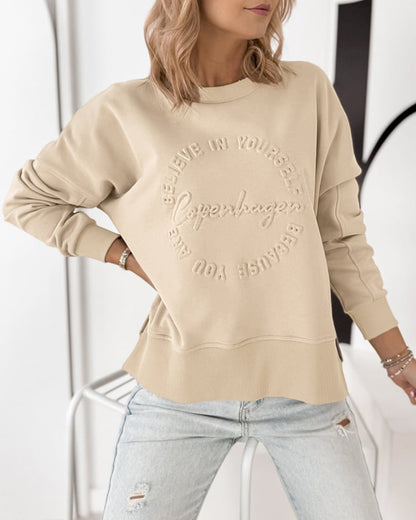Women's Loose Crewneck Sweatshirt Embossed Letter Print Pullover Top Casual Side Slit Top