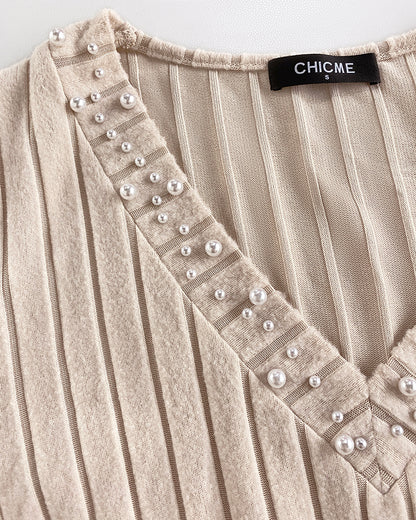 V-Neck Long Sleeve Pit Stripe Causal T-shirt