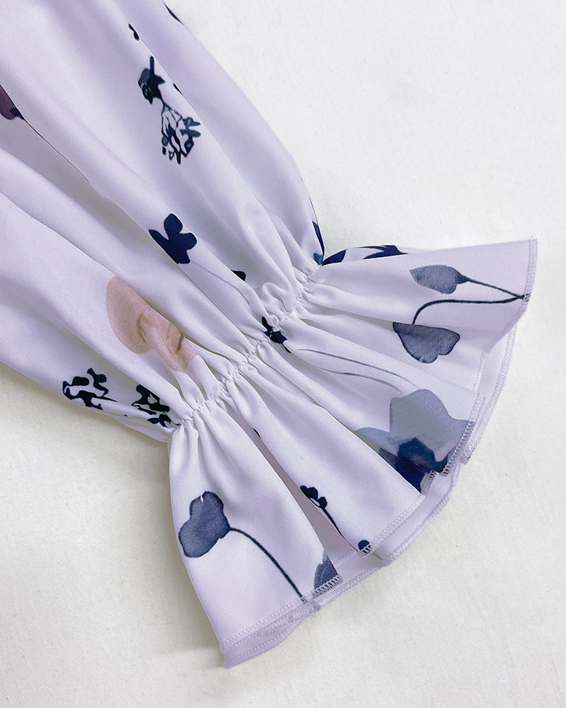 Floral Print Deep V-Neck Lantern Sleeve Casual Contrast Lace Tied Detail Blouse