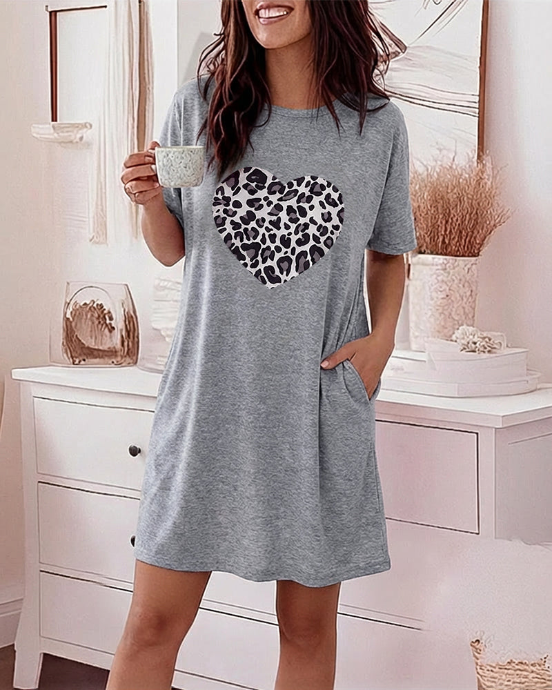 Leopard Heart Patch Short Sleeve Mini Nightdress Casual Loose Fit Loungewear with Pockets