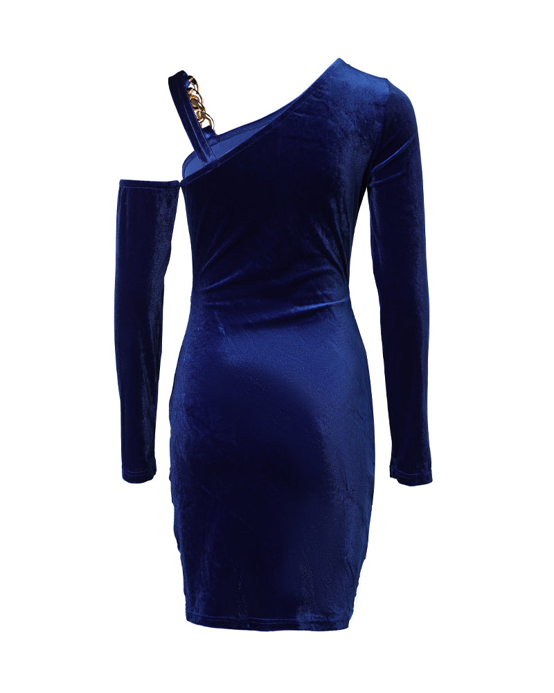 Women's Asymmetrical Neck Gold Chain Detail Ruched Velvet Bodycon Mini Dress
