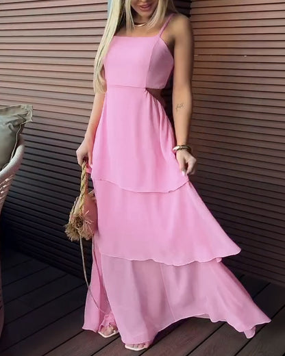 Square Neck Adjustable Spaghetti Straps Cutout Waist Ruffle Hem Dress Casual Backless Tie Back Stretchy Back Chiffon Cami Dress