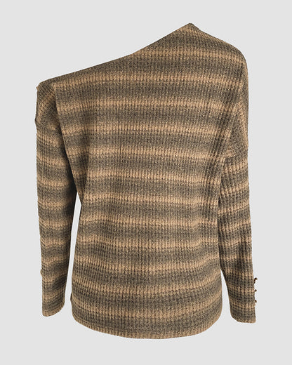 Striped Pattern Skew Neck Button Decor Sweater Casual Drop Shoulder Waffle Knit Top