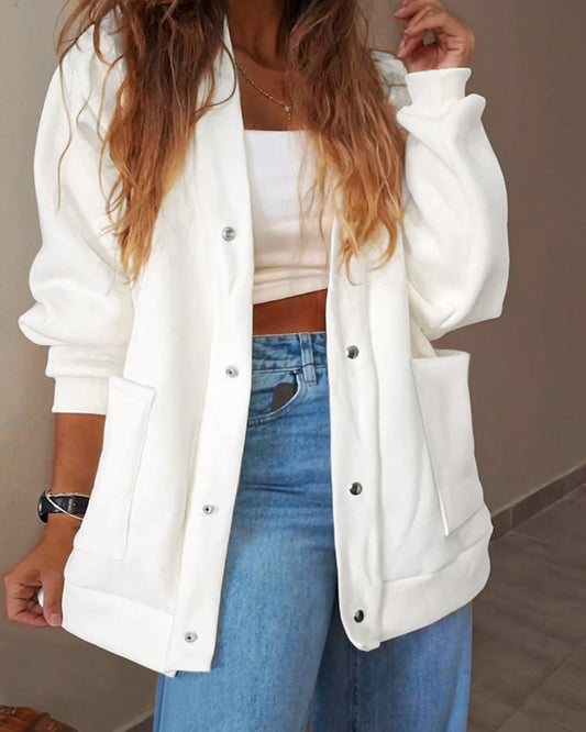 Women's Casual Loose Cardigan V Neck Snap Button Down Jacket Drop Shoulder Coat with Pockets