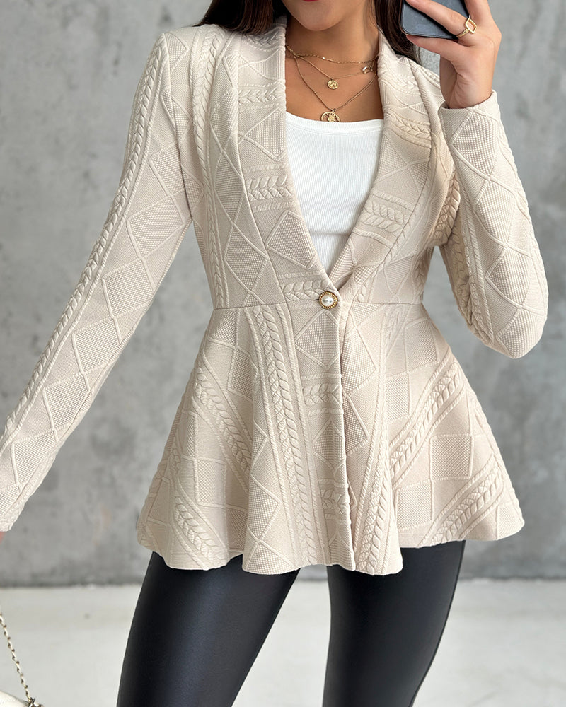 Shawl Collar Cable Textured Single Breasted Ruffle Hem Coat