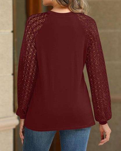 Contrast Lace Round Neck Lantern Sleeve Ruched Blouse Elegant Shirt