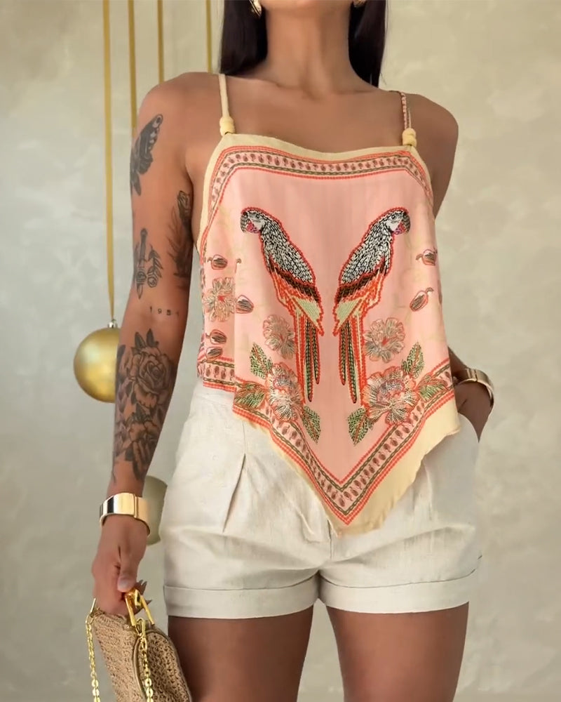 Tropical Animal & Plants Print Square Neck Adjustable Spaghetti Straps Top Sexy Backless Tie Back Asymmetrical Hem Cami Top