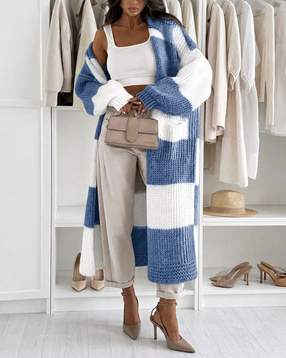 Women's Checkerboard Knit Cardigan Oversized Long Chunky Sweater Loose Lantern Sleeve Coat with Pockets